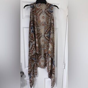 Chic Brown and Cream High-Low Wrap Sleeveless Duster